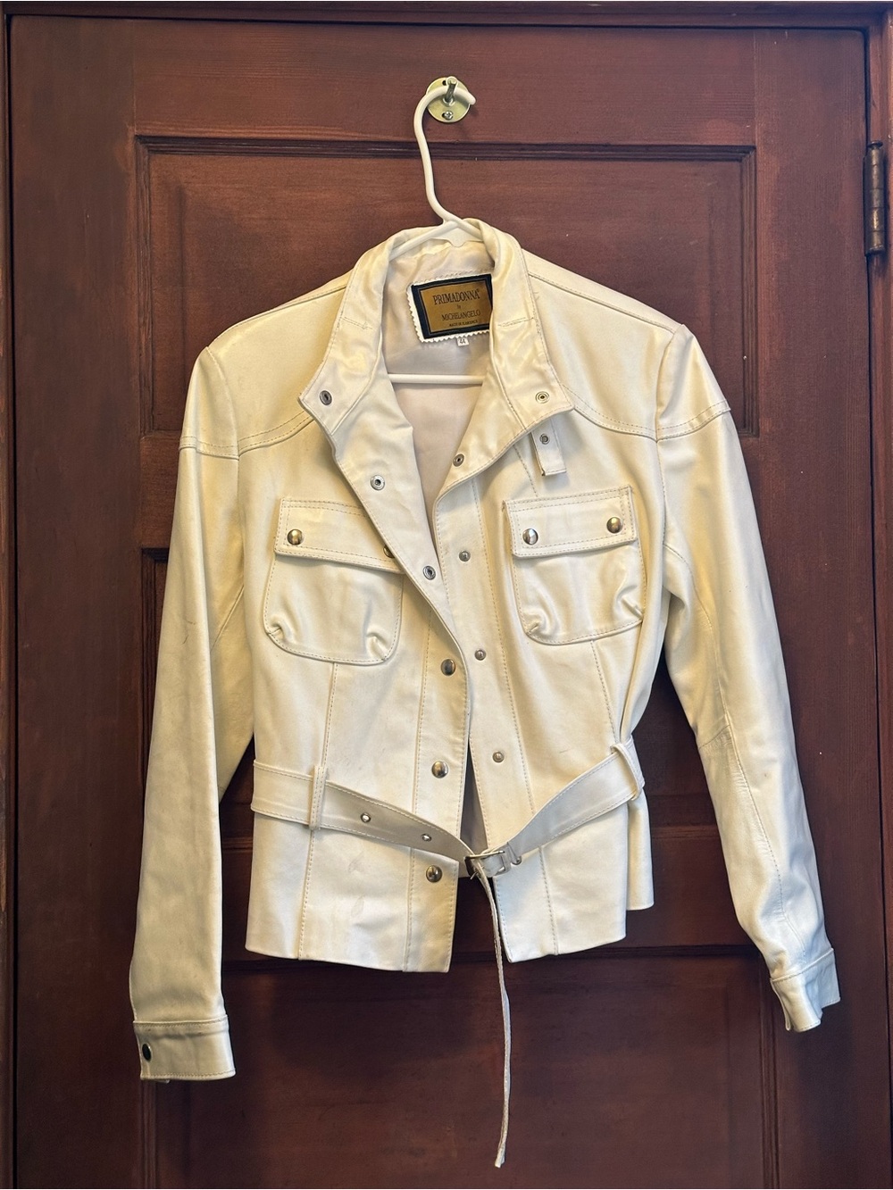 Italian Cream Leather Belted Jacket for Women